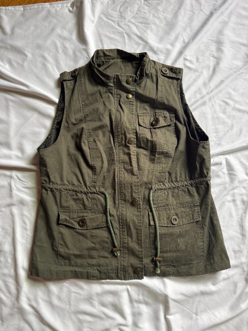 Womens Olive Green Utility Cargo Vest Safari Military Style Jacket